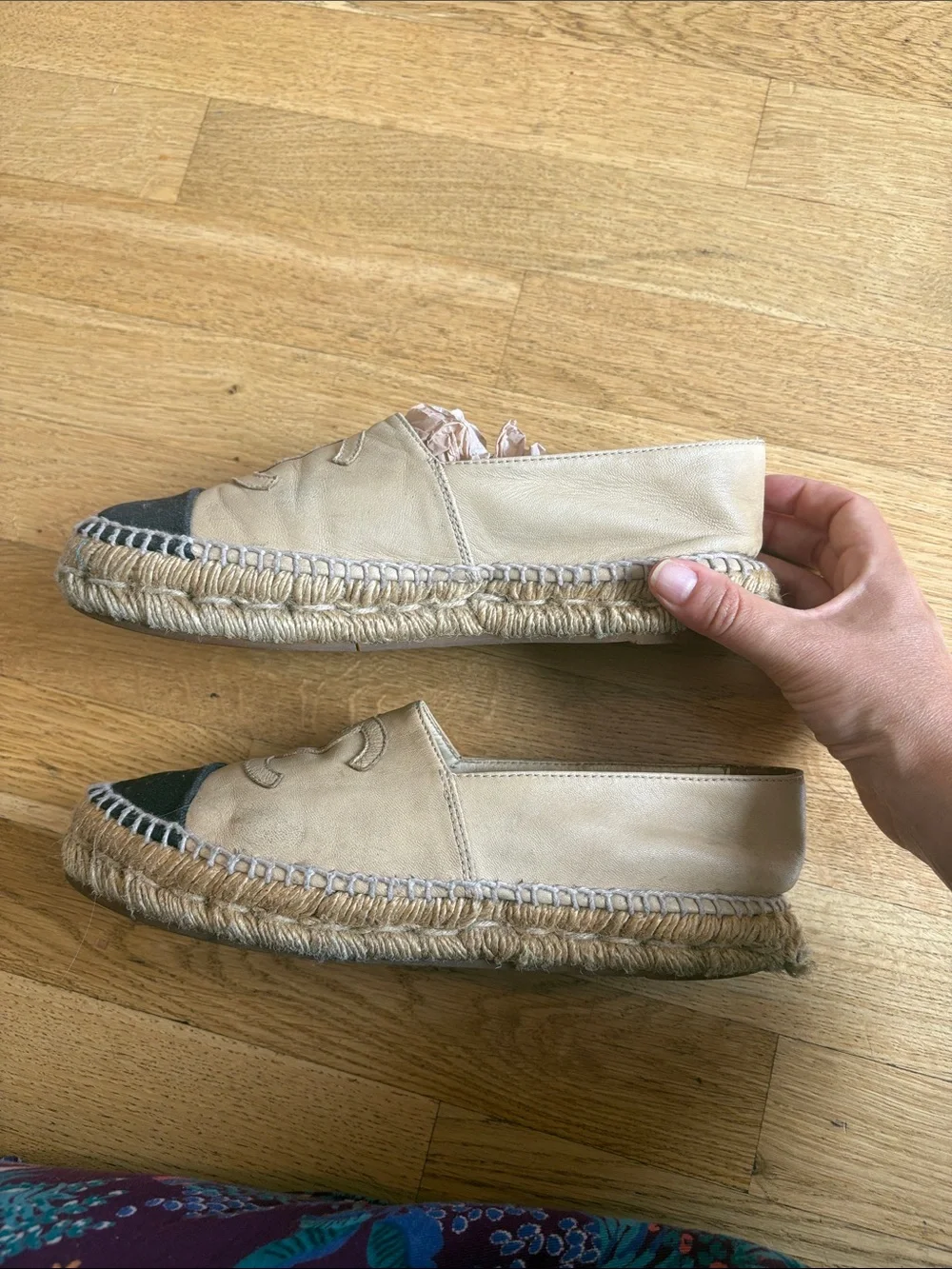 CHANEL Beige and Black leather Espadrille - size 38/8